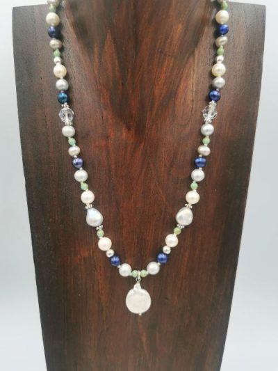 exclusive-pearl-necklace-design-with blue-white-grey-and-mocha-freshwater-pearls-and-baroque-coin-pearl-pendant